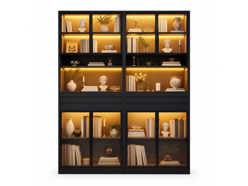 Vitrine haute 4 portes vitrées, tiroir, éclairage led - lpospi - commande par application, mdf noir 80 × 35 × 200 cm - Conforama A