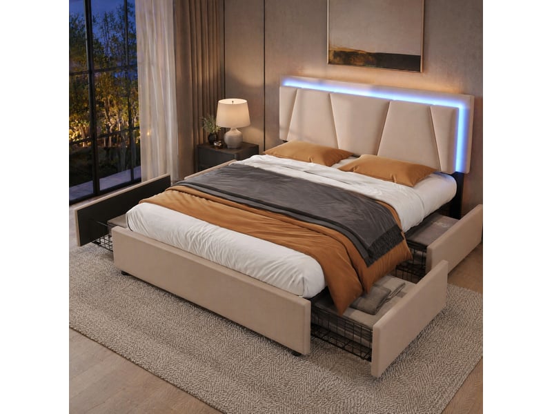 Lit coffre 140 × 200 cm 2 places avec 4 tiroirs, led réglable et tête de lit ajustable, sans matelas, beige  - Conforama B