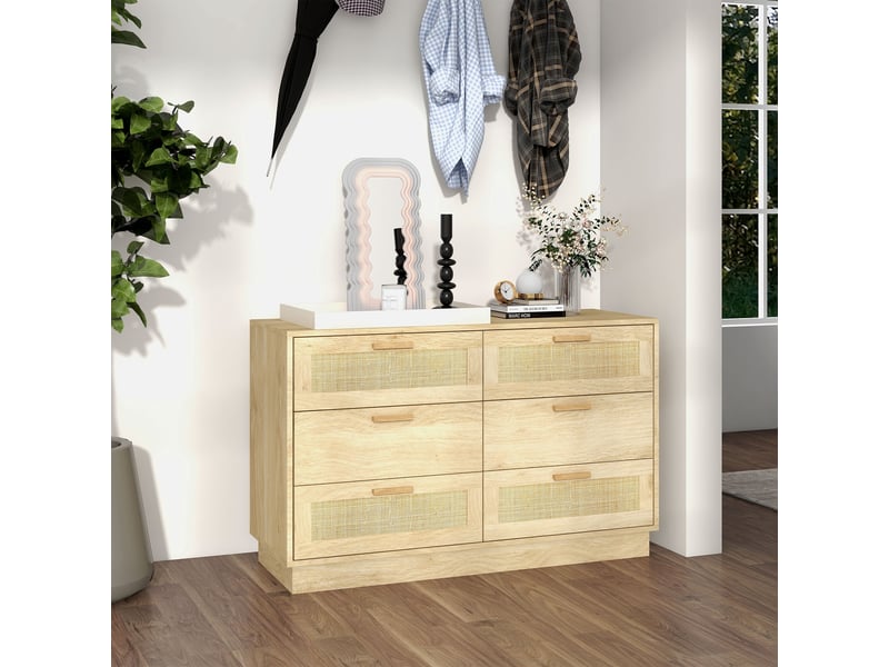 Commode design bohème en rotin avec 6 tiroirs, meuble de rangement pour le salon, le couloir, l'entrée, chêne - Conforama D
