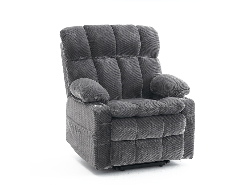  Fauteuil massant électrique avec double moteur, aide au relevage, chauffage et porte-gobelet, en tissu gris  - Conforama A