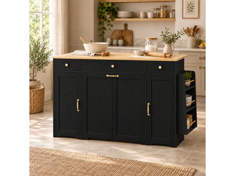  Buffet de cuisine 136 x 65 x 90 cm, plateau effet bois, 3 tiroirs, 2 portes et rangements, noir et naturel, en mdf  - Conforama D