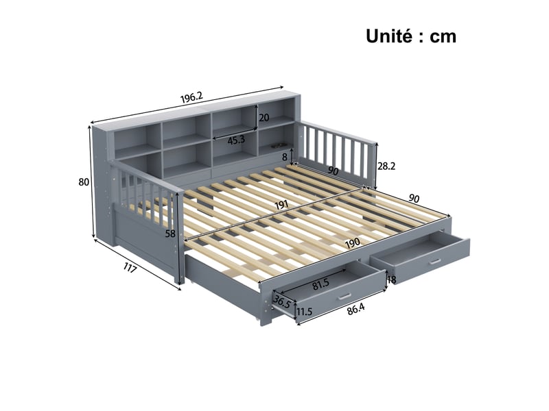 Canapé convertible en bois avec lit gigogne, rangements dans le dossier, prise électrique et deux tiroirs, gris - Conforama D
