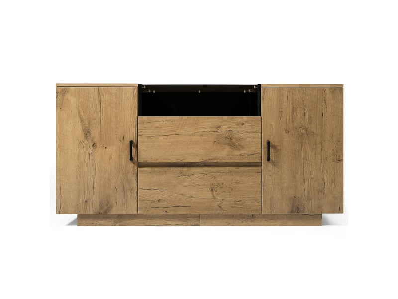  Commode à 2 tiroirs et 2 portes, 140 x 40 x 70 cm, niche ouverte et verre trempé teinté, effet chêne clair  - Conforama A