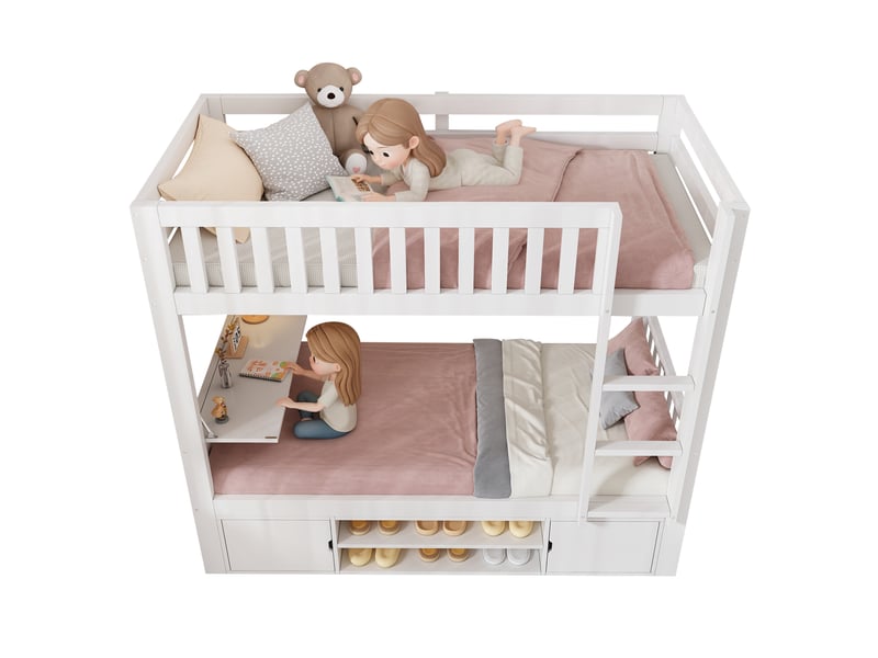  Lit superposé enfant 90x200 cm avec bureau rabattable, rangements intégrés et sommier à lattes, bois blanc  - Conforama A