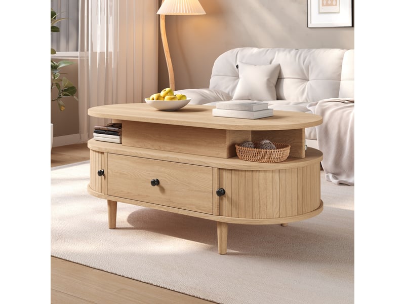  Table basse ovale avec plateau relevable, mdf, système hydraulique central, rangement dissimulé, deux tablettes ouvertes, grand tiroir et deux portes coulissantes  - Conforama B