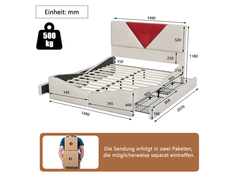  Lit 140x190 cm - lit double 140x190 - rembourré avec 4 tiroirs de rangement, tête de lit bicolore, velours - blanc cassé  - Conforama E