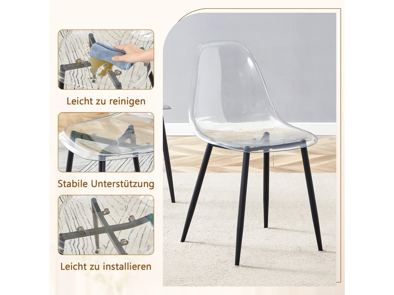  Ensemble table à manger avec 4 chaises, table ronde en verre trempé 85 cm, sièges transparents et piètement en métal noir  - Conforama W