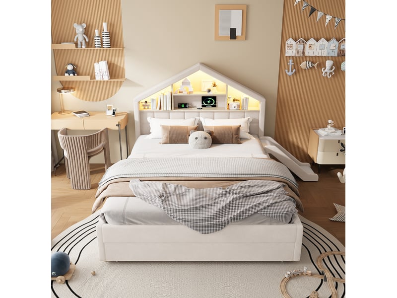  Lit enfant 140 × 200 cm 2 places avec toboggan, led, port de charge et rangement, sans matelas, velours beige  - Conforama C