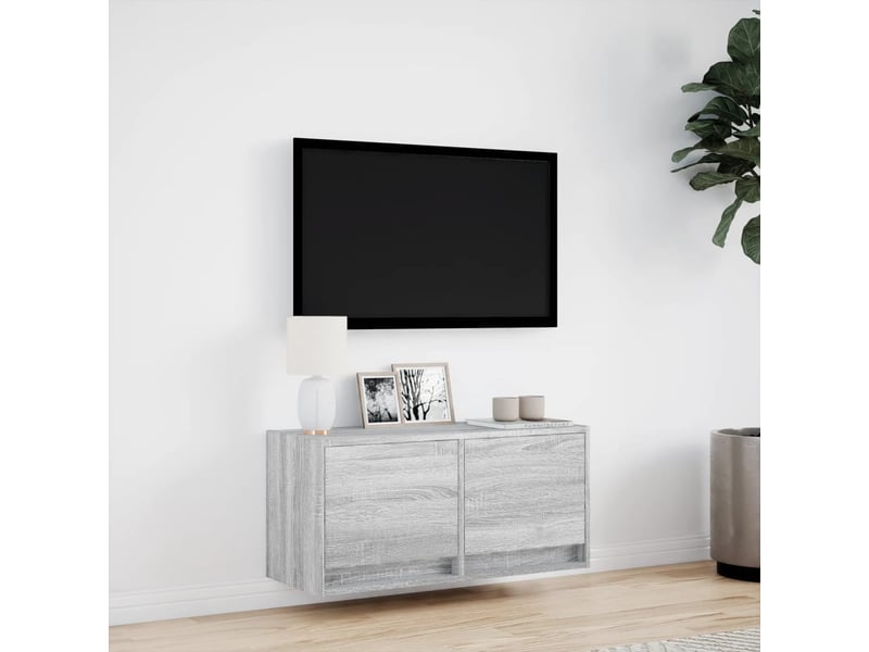  Meuble tv - banc tv - meuble de rangement mural avec lumières led sonoma gris 80x31x35 cm  - Conforama D