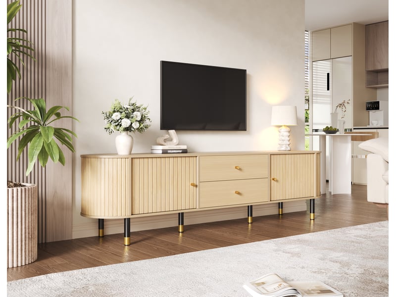  Meuble tv bois 180 cm pour écran 75 pouces, lowboard ovale avec portes coulissantes et 2 tiroirs, finition naturelle  - Conforama E