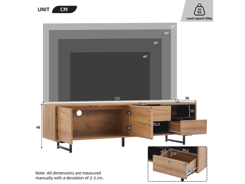  Meuble tv bas 173 x 38 x 48 cm portes 2 casiers escalier tiroirs diagonaux panneau particules fini grainé bois  - Conforama C