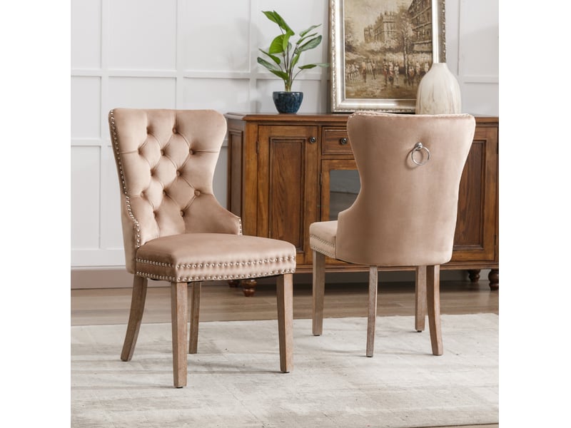  Lot de 2 chaises de salle à manger en velours marron café clair avec pieds réglables  - Conforama D