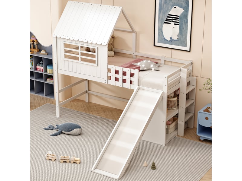 Lit mezzanine enfant 90x200 cm avec toboggan allongé, échelle et espace de rangement, bois, couleur blanc, sans matelas - Conforama B