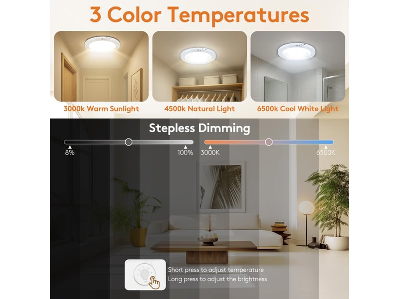 Plafonnier led rechargeable sans fil à détection de mouvement, 8000 mah, 3 températures de couleur, télécommande, 19 cm - Conforama D