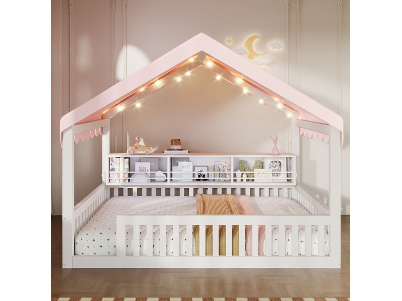  Lit cabane enfant modenvie 140 x 200 cm avec guirlande led étagère à livres et barrières de sécurité blanc  - Conforama E