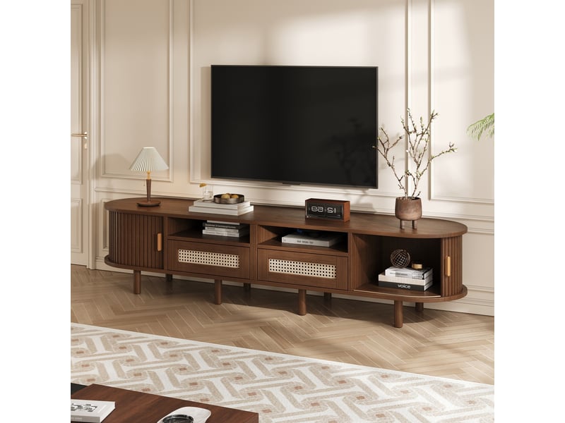  Meuble tv ovale 170x40x40 cm effet noyer, 2 tiroirs en rotin, 2 portes coulissantes, pour tv jusqu’à 70 pouces  - Conforama B