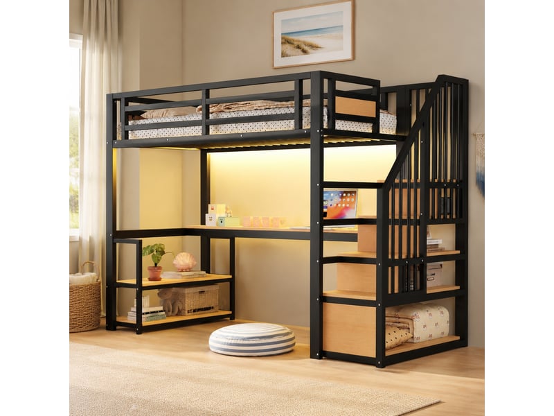  Lit mezzanine 90x200 cm avec bureau et rangements en métal noir  - Conforama D