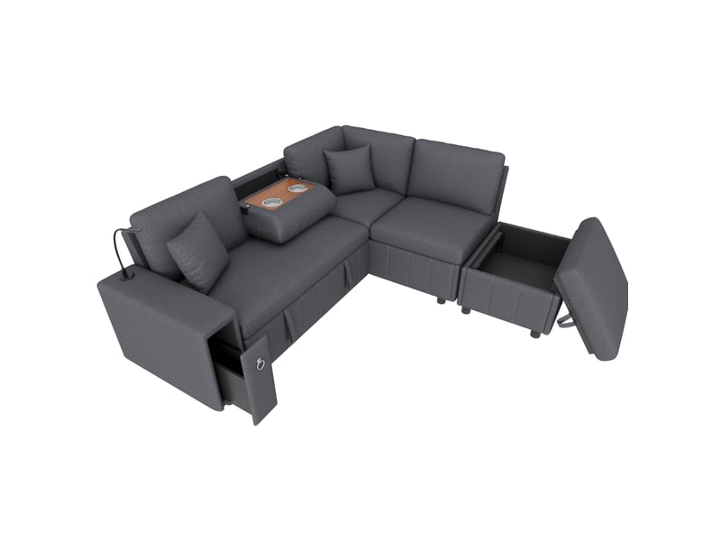  Canapé d'angle 213x184x88cm, table rabattable, ports usb, lampe de lecture, pouf, pouf de rangement, matière lin, gris  - Conforama A