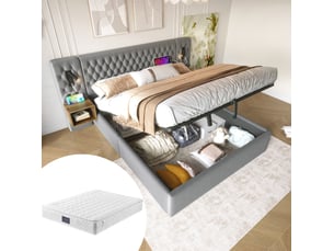 Lit coffre ulevr 160x200 cm avec rangement hydraulique, 2 tables de chevet, tête de lit avec lampes de lecture, usb et type-c, velours gris, avec matelas