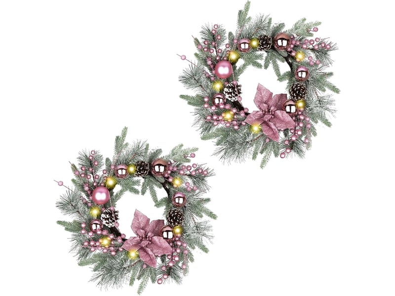  Lot de 2 couronnes de noël roses 50 cm avec lumières led, boules, pommes de pin et baies, décoration porte intérieur extérieur  - Conforama A
