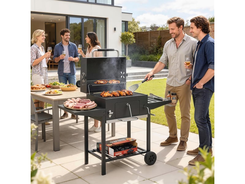  Barbecue à charbon sur roulettes avec grille réglable, thermomètre et tables pliantes  - Conforama C