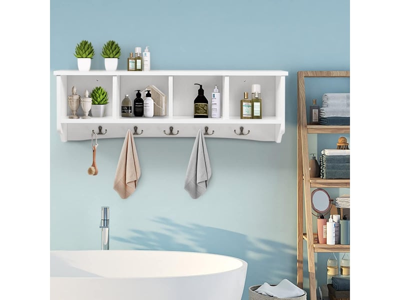 Porte-manteau mural avec 4 compartiments, 5 crochets doubles, étagère rangement mural pour entrée cuisine  - Conforama D
