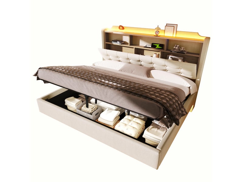  Lit avec led 180 × 200 cm 2 places avec coffre hydraulique, usb, type-c et rangement, sans matelas, beige  - Conforama A