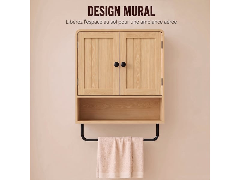  Armoire murale de salle de bain, meuble de rangement suspendu avec 2 portes, étagère ouverte, porte-serviettes, chêne  - Conforama E