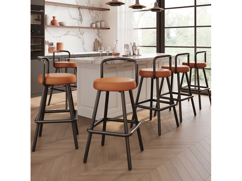  Tabouret de bar avec dossier ergonomique, assise rembourrée et repose-pieds, en pu et métal marron  - Conforama C
