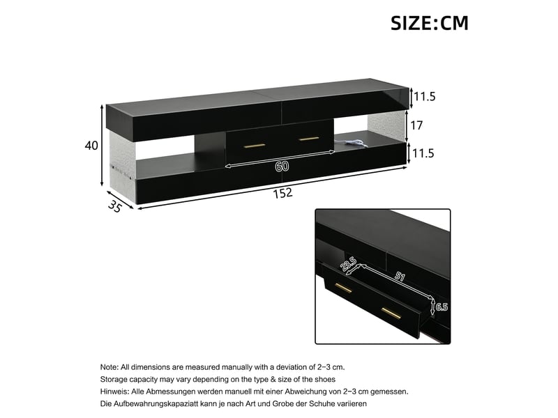  Meuble tv led 152x35x40 cm - meuble bas avec rangement ouvert et tiroirs, plateau en verre acrylique, design moderne - noir  - Conforama C