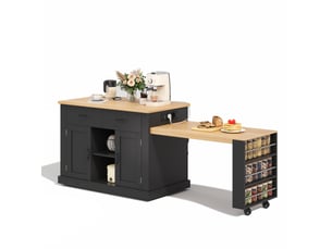 Desserte de cuisine avec table extensible, 2 portes, 2 tiroirs, 7 roues, pour salle à manger en mdf noir 132 × 60 × 93 cm