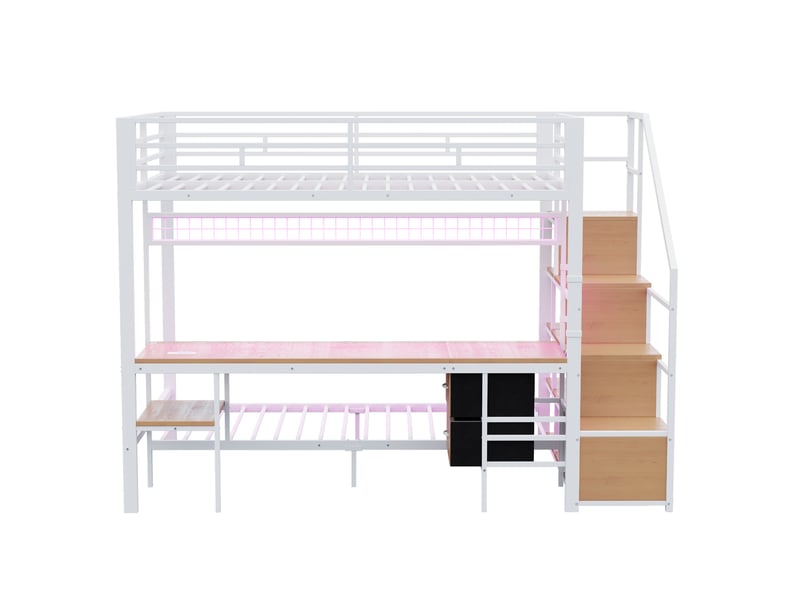  Lit mezzanine métal blanc 140x20090x200 cm, bureau, led, prises, rangements et tiroirs tissu  - Conforama A