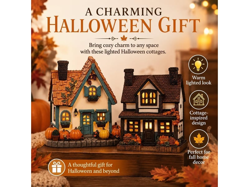  Décoration automne lumineuse 2 pièces, maison de village en résine avec led blanc chaud, décoration de table, noir et blanc  - Conforama B