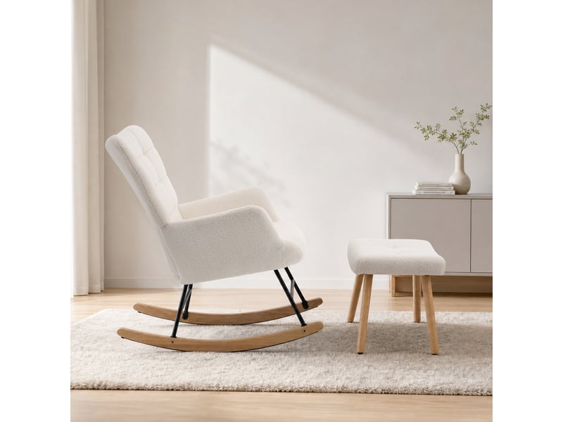  Modenvie fauteuil à bascule 91x61x88 cm - tissu effet laine, assise épaisse, repose-pieds inclus - beige  - Conforama E