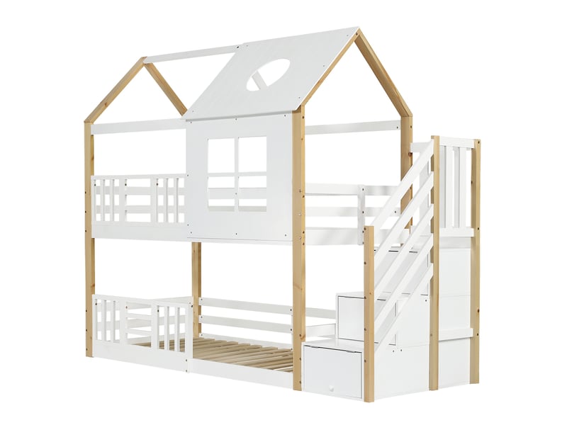  Lit superposé 90x200 cm, lit cabane enfant avec escalier de rangement et barrière de sécurité, en bois de pin et mdf, blanc  - Conforama D