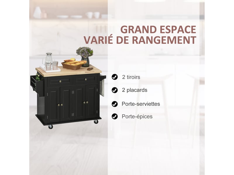  Desserte ilôt de cuisine multi rangements 2 tiroirs 2 placard 2 portes avec range-bouteille étagère  - Conforama W
