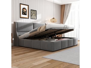 Lit rembourré, tête de lit en forme d'oreille avec coussin, lit double, lit fonctionnel hydraulique, 160 x 200, gris