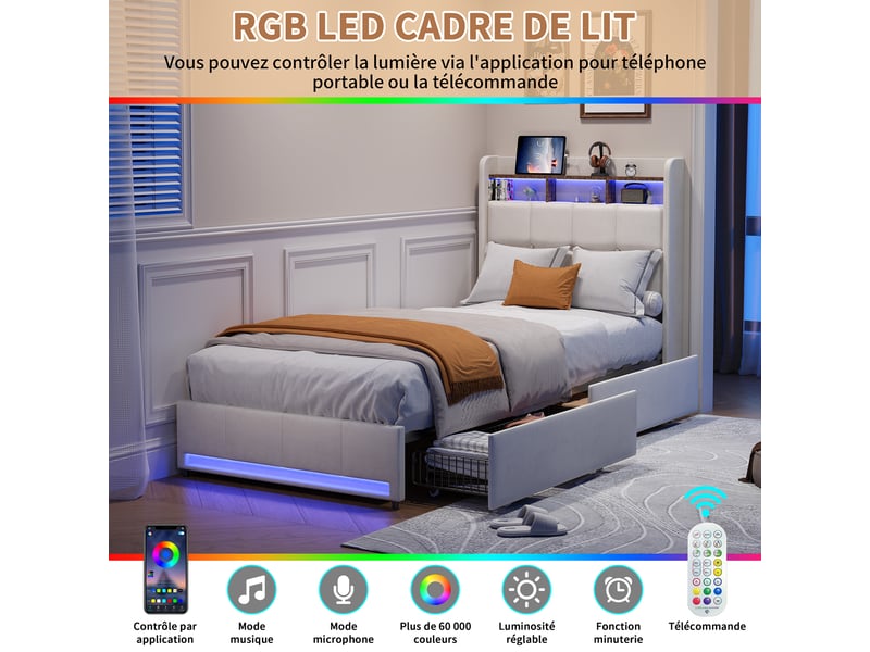  Lit simple coffre 90x200, rangement chevet, 2 tiroirs, éclairage led réglable, ports usb type-c, tissu en lin beige  - Conforama E