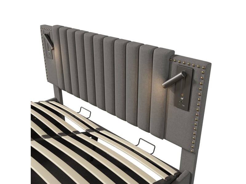  Lit coffre 160 × 200 cm 2 places avec led, usb, type-c, rangement, matelas inclus, tissu gris  - Conforama E
