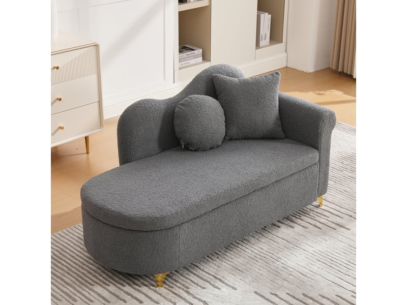  Méridienne avec coffre de rangement, coussins lombaire et nuque, dossier ondulé, tissu effet mouton gris antique  - Conforama C