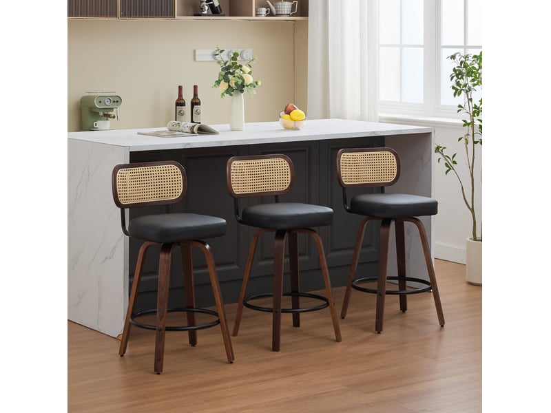  Tabouret de bar pivotant dossier cannage assise pu noir cravdom  - Conforama B