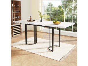 Table à manger rectangulaire extensible 140-179,5 x 80 cm, plateau mdf effet marbre blanc, piètement métal géométrique noir, 6 à 8 places