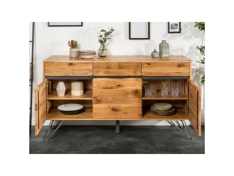  Buffet elmwood 160 cm en chêne sauvage et métal noir – 3 portes, 3 tiroirs et façade sculptée  - Conforama E