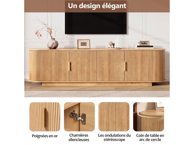  Meuble tv 180 cm façade ondulée, mdf et panneaux agglomérés,4 portes et poignées métal,bois clair  - Conforama D