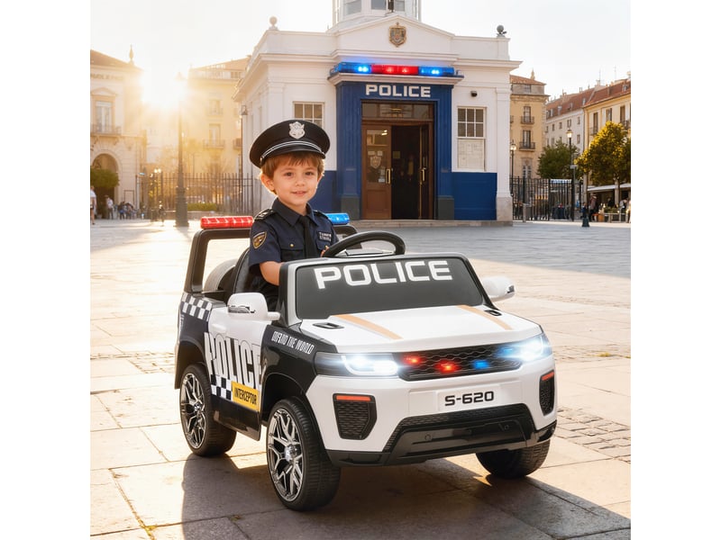  Voiture de police électrique pour enfants avec télécommande, double moteur, sirène, suspension 4 roues et phares - blanche  - Conforama D