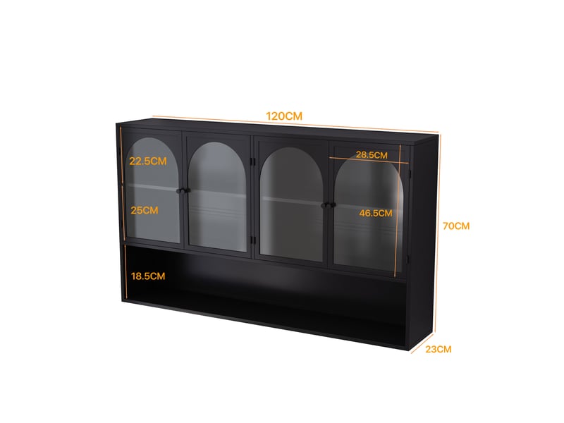 Armoire murale avec 4 portes en verre gris, rangement vertical pour cuisine, salon et salle de bain, noir, 120 × 23 × 70 cm - Conforama E