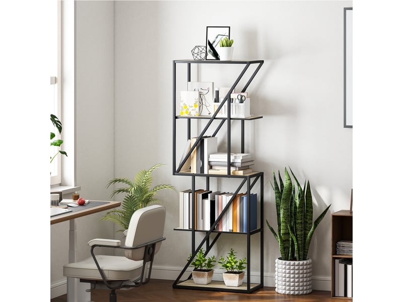  Bibliothèque à 5 niveaux, style industriel, avec étagères ouvertes et structure en acier, 60 x 30 x 165 cm, chêne  - Conforama D