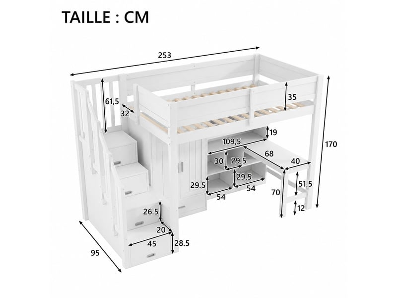  Lit mezzanine 90 x 200 cm avec bureau, armoire et escalier de rangement, led, pin massif et mdf, blanc  - Conforama C