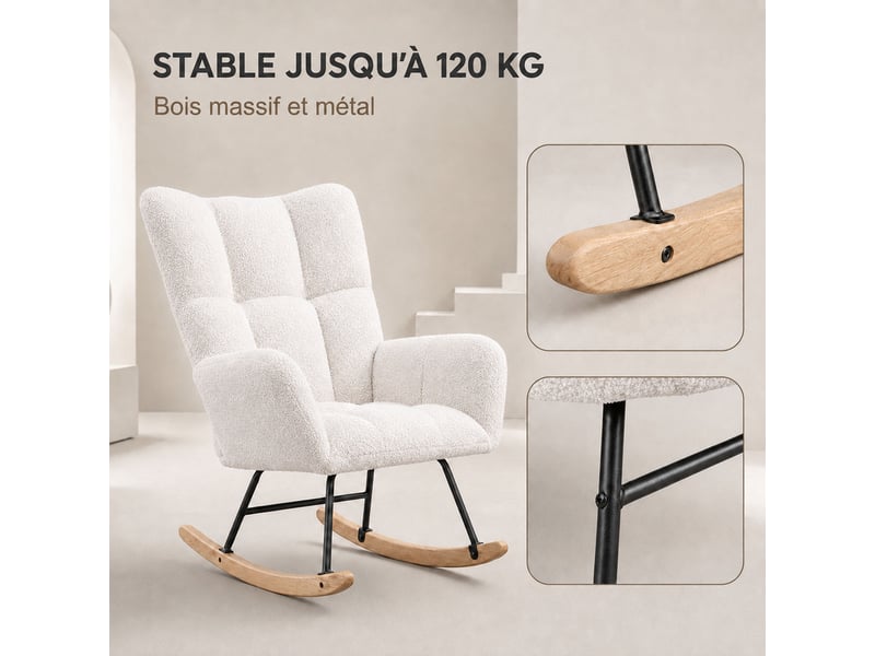  Fauteuil à bascule teddy blanc, fauteuil rocking‑chair ergonomique avec dossier haut et accoudoirs rembourrés, base en bois massif, chaise de relaxation pour salon, chambre et chambre bébé  - Conforama C