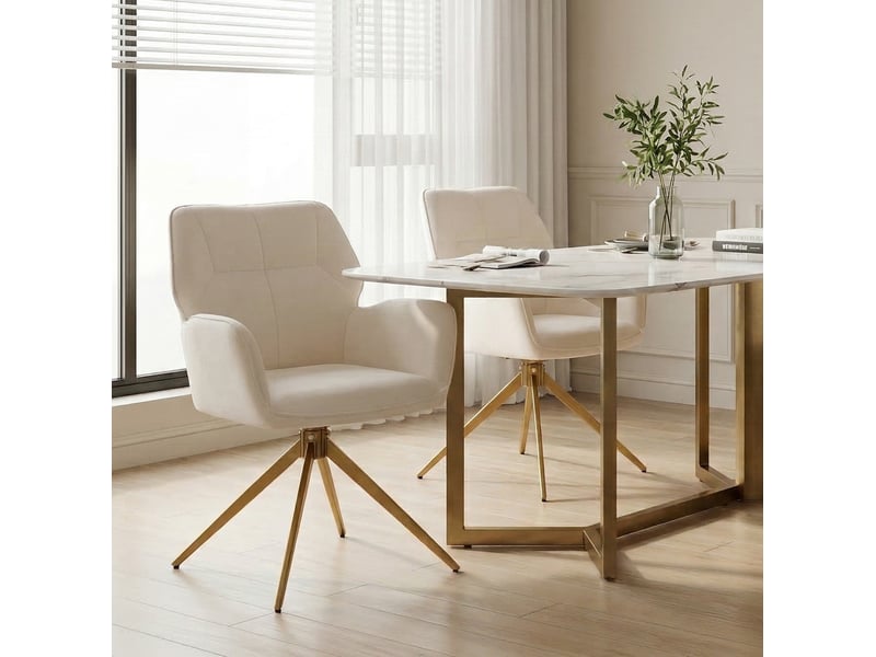  Lot de 2 chaises de salle à manger pivotantes 53,5x45x84 cm, chaise de bureau, avec accoudoirs, cadre métallique, tissu velours, blanc crème  - Conforama E